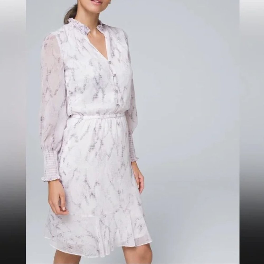 White House Black Market Snake Print Blouson Dress Size 2 Sheer Sleeves Midi